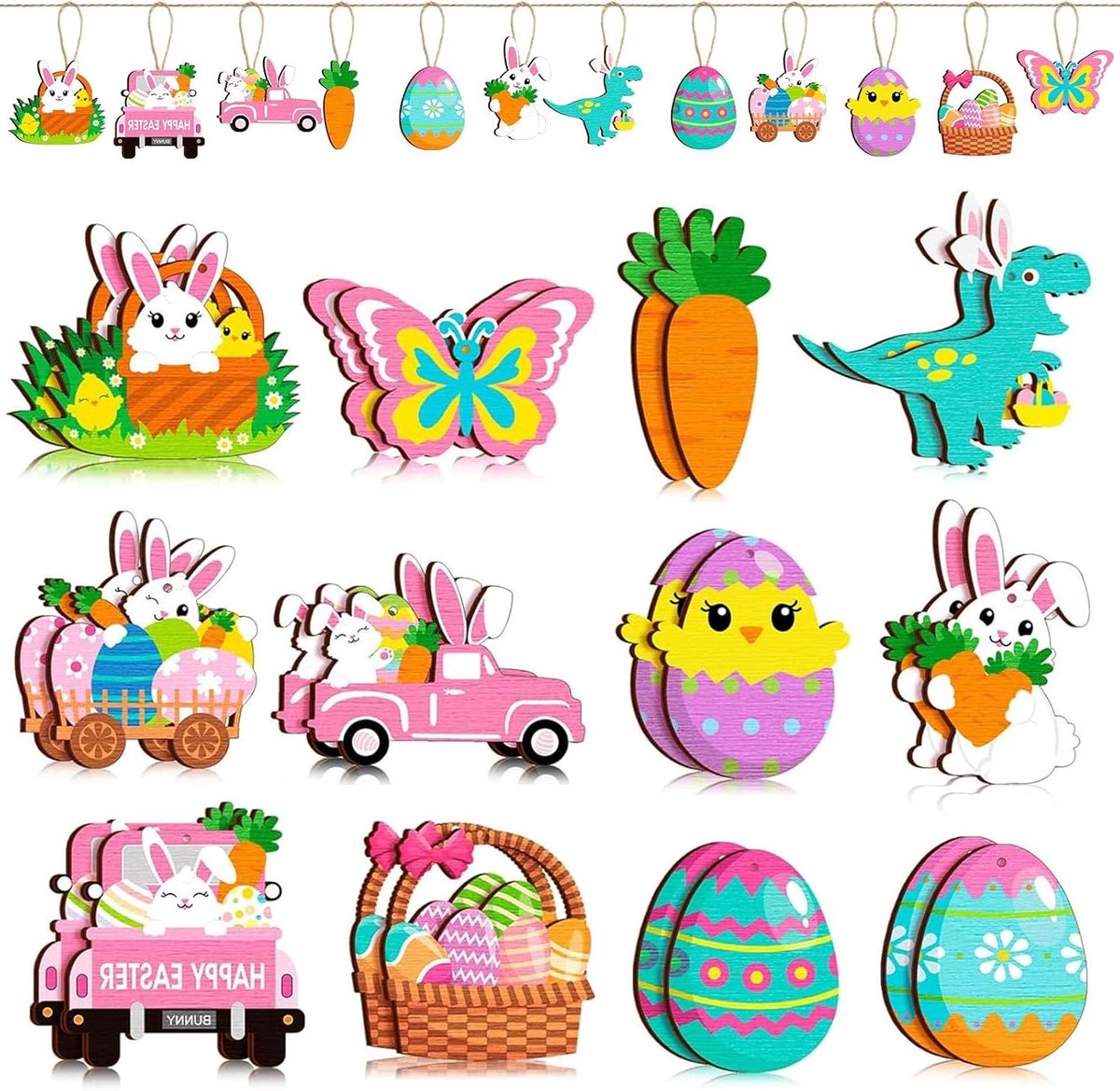 Paasei-hangers van hout | 24 stuks | Paashaas | Paasdecoratie | Lentefeest